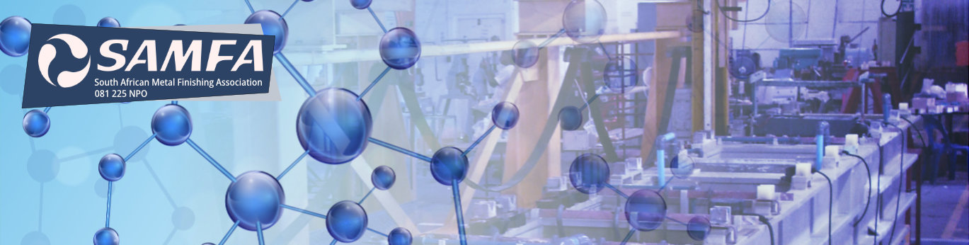abstract graphic showing a molecular structure merging into an electroplating line